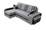 Robin York Ecksofa mit Schlaffunktion 2X Bettkasten 2X Kleine Kissen 2X Hocker Sofa L-Form Schlafsofa Freistehende Eckcouch Schlafcouch Wohnzimmermöbel Wohnlandschaft Schwarz Grau