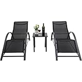 Increkid 3er-Set Sonnenliegen, Gartenliegen, Sonnenliegen, Strandliegen, Loungeliegen, Sonnenliegen mit Beistelltisch, Aluminium, Teslin-Gewebe, Belastbarkeit 150KG, Schwarz