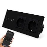 BSEED Normal Steckdose mit Smart Alexa Lichtschalter Glas Wifi Touchscreen Schalter mit Doppel Stecker (Neutrale Leitung benötigt)2 Fach 1 Way Schwarz Work mit Alexa/Tuya/Google Home/SAMRT LIFE