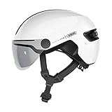 ABUS Stadthelm HUD-Y ACE - stylischer Fahrradhelm mit Visier und magnetischem, aufladbarem LED-Rücklicht - für Damen und Herren - Weiß Glänzend, Größe L