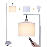 ENCOFT Stehlampe Wohnzimmer Dimmbar Stehleuchte LED 12W, mit Fernbedienung 12W Glühbirne 2 Stoff Lampenschirm, kann im Wohnzimmer, Schlafzimmer, Arbeitszimmer Verwendet Werden, Silber