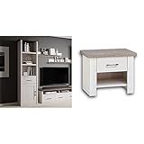 Luca Elegantes Schlafzimmer Standregal, Pinie Weiß/Trüffel - 60x201x43 cm & Luca Eleganter Nachttisch im Landhausstil - Stilvoller Nachtschrank mit Schublade in Pinie weiß/trüffel - 51x46x43 cm