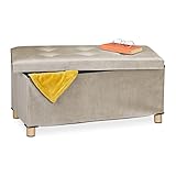 Relaxdays Sitzbank mit Stauraum, Polster, Samtbezug, Holzfüße, bis 120 kg, faltbar, Sitztruhe HBT: 34x76x38 cm, Creme