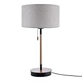 Paco Home Tischleuchte Wohnzimmer Nachttischlampe Höhe 49 cm Design Skandinavisch Zugschalter Lampenschirm Stoff E27, Lampenfuß: Tischleuchte Schwarz/Holz, Lampenschirm: Grau (Ø28 cm)