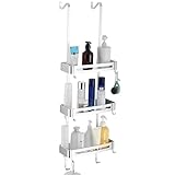 MOGFCT Duschregal zum hängen, Badezimmer-Duschablage, über der Tür hängende Duschablage, rostfreies Aluminium-Duschregal, Badezimmerregal mit Haken (drei Silber)
