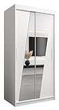 Kryspol Schwebetürenschrank Rhomb 100 cm mit Spiegel Kleiderschrank mit Kleiderstange und Einlegeboden Schlafzimmer- Wohnzimmerschrank Schiebetüren Modern Design (Weiß)