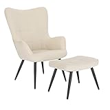 WOLTU Relaxsessel Lehnstühle Vintage Retro Sessel Polstersessel mit Hocker Fernsehsessel Ohrensessel Cordsamt Cremeweiß SKS28cm