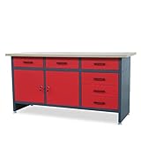 Werkbank mit Arbeitsplatte Werktisch mit 6 Schubladen 2 Schließfächer Verstellbare Füße MDF-Arbeitsplatte Belastbar bis 500 kg Metall 170 cm x 60 cm x 85 cm Anthrazit-Rot