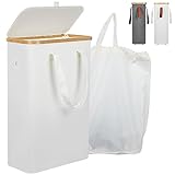 Yamagahome 52L Schmaler Wäschekorb mit Deckel, Slim Wäschesammler mit Wäschesack und 5 Gummifüße, Faltbarer Wäschetruhe aus Bambus und Wasserdichter Stoff für Apartment, Wohnheim und Wohnwagen
