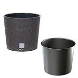 Rund Blumentopf 4,75 L Rattan-Optik Umbra Dunkel Braun Pflanzkübel h. 19 cm mit Innenkasten 4 L schlanke Form niedrig Übertopf aus Kunststoff
