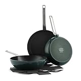 GreenPan Evolution Bratpfannen- und Wok-Set, 3-teilig, Hartanodisierte hochwertige gesunde keramische Antihaftbeschichtung, PFAS-frei, induktionsgeeignet, spülmaschinenfest, backofenfest, Tannengrün