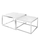 lukmebel Yoshi 2 in 1 Set Chrom 2-er Set Weiß Hochglanz Chrom Konstruktion Couchtisch Tisch Wohnzimmertisch moderner Kaffeetisch Sofatisch Beistelltisch Wohnzimmer Chromrahmen (Chrom/Weiß Hochglanz)