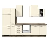 RIWAA - Küchenzeile Belfast - Küchen-Leerblock ohne Elektrogeräte - mit Glashängeschrank - 9-teilig - Breite 310 cm - Creme Samtmatt/Eiche Dekor