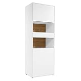 now! by hülsta 'Easy Vitrine in Lack-reinweiß mit Wenderückwand in Lack-hellgrau und Natureiche, Türangeschlag rechts, 180,7cm H x 64cm B x 44,8cm T