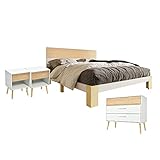 fangqi Schlafzimmer-Set(4-St),Holzbett Einzelbett mit Nachttisch*2 +Schubladenkommode*1,Bett mit Kopfteil Stauraumbett aus Bettgestell mit Lattenrost-90x200 cm Natürlich& Weiß Klassischen Landhausstil