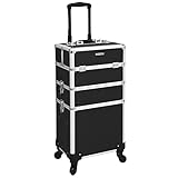 SONGMICS Kosmetikkoffer, professioneller Make-up Koffer, 3-in-1 Schminkkoffer fÜr Reisen, großer Trolley fÜr Friseure, abschließbar, mit um 360° drehbaren Universal-Rollen, schwarz JHZ01B