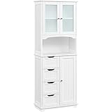 Yaheetech Badezimmerschrank Unterschrank Badkommode mit Glastüren & 1 Offenem Ablagefach Badschrank mit 4 Schubladen und Verstellbarem Einlegeboden 165,5 cm, Weiß