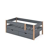 VitaliSpa Kinderbett Hausbett Einzelbett Madita Anthrazit Naturholz modern Kinderzimmer Bett Juniorbett Lamellenrost Rausfallschutz (160x80 cm mit Schublade)