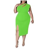 Plus Size Sommer Kleider Skims Kleid Skinny Eine Schulter Schlitz Einfarbig Asymmetrisches Kleid, grün, XXXXL