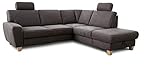 Cavadore Ecksofa Wisconsin mit Vorziehsitz / Eckcouch mit Federkern in Lederoptik / Inkl. 2 Kopfstützen + Bettkasten / Landhausstil / Holzfüße in Buche / Mikrofaser / 248 x 88 x 218 cm / Dunkelgrau