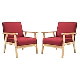 Mingone 2er Set Sessel Gepolsterter Cocktailsessel Skandinavischer Stil Loungesessel Modern Einzelsofa Massivholz für Wohnzimmer Schlafzimmer ，Rot