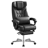 SONGMICS Erstellt, Luxus Bürostuhl mit klappbarer Kopfstütze ausziehbarer Fußablage Extra großer orthopädischer Chefsessel ergonomischer Gaming Stuhl schwarz OBG75B, Lederimitat, 91,4 x 66,4 x 37,4 cm