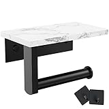 Toilettenpapierhalter mit Ablage, Marmor Toilettenpapierrollenhalter Wandmontage, SUS304 Edelstahl Taschentuchaufbewahrung Halter für Badezimmer mit 2 Haken, Schwarz