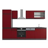 Vicco Küchenzeile Küchenblock Einbauküche R-Line J-Shape 300 cm modern Küchenschränke Küchenmöbel (Anthrazit-Rot)