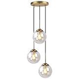 LFsem Industrial Retro 3 Lichter Pendelleuchte Glaskugel Hängeleuchte Messingbeschläge Deckenleuchte E27 Kronleuchter für Wohnzimmer Esszimmer Schlafzimmer Küche (3 Lichter, klar)