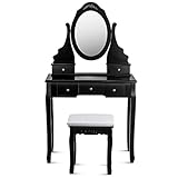 RELAX4LIFE 2-in-1 Frisiertisch mit drehbarem Spiegel, Schminktisch mit Hocker, viel Platz mit 5 Aufbewahrungsschubladen, Moderner Frisiertisch mit Beinen aus Massivholz,(Schwarz)