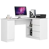 AKORD Eck-Schreibtisch B-20 mit 3 Schubladen, 2 Ablagen und einem Regalfach mit Tür | Schreibtisch | ecktisch | Eck Schreibtisch für Home Office | Einfache Montage | B155 x H77 x T85, 60 kg Weiß