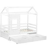 XPSSJMU Hausbett Jugendbett 160x80 mit Rausfallschutz vielseitiges Holz Kinderbett für Jungen Mädchen Hochbett Massivholz Bett mit Rausfallschutz Fenster und Lattenrost Weiß