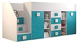 KRYSPOL Etagenbett für Kinder Toledo 3 Stockbett mit Treppe, Schreibtisch, Bettkasten (Weiß/Weiß Glanz + Türkisglanz, Seite: Links)