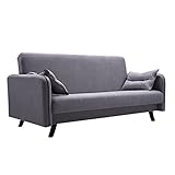 Ausklappbares Sofa in Grau mit Schlaffunktion, Bettkasten und zwei Dekokissen?. Schlafsofa, Couch, Schlafcouch, Bettsofa, Sofabett von Polini Home