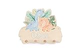 Personalisierte Kindergarderobe 'Saurier' aus Birkenholz mit vier Kleiderhaken. Garderobe für Kinder mit Wunschnamen, Motiv Dinosaurier, ca. 35 x 28,5 cm