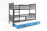 interbeds-es Hochbett für 3 Personen, 190 x 80 cm, Grau mit Blauer Schublade, inkl. Lattenrost und Schaumstoffmatratzen.
