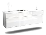 TV Schrank Lowboard hängend - Ludwigshafen - Korpus Weiss matt - Front Hochglanz Design Weiß- (136x47x35cm) - Push to Open Technik & hochwertigen Leichtlaufschienen - Made in Germany