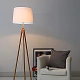 Stativ-Stehlampe, moderne Stehlampe, hohe Lampe aus Holz aus der Mitte des Jahrhunderts, Eck-Stehlampe, helles Leselicht mit flachsfarbenem Lampenschirm und Glühbirne für Wohnzimmer, Arbeitszimmer und