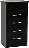 Seconique Nevada Kommode mit 5 Schubladen, schmal, Holzwerkstoff, schwarz glänzend, W 500mm x D 400mm x H 930mm