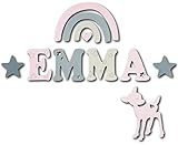 7cm Holzbuchstaben, Türbuchstaben für Mädchen in rosa, grau, beige I Geburtsgeschenk Taufgeschenk inkl. 2 Sterne und Klebepads (Muster EMMA)