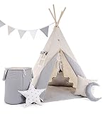 Rainbow Kids Tipi Zelt für Kinder | Baumwollsegeltuch Tippi Kinderzelt, Mehrere Muster und Farben mit und ohne Spielzubehör für Outdoor- und Indoor-Kinderspaß (Grauer Wolf, mit Zubehör)