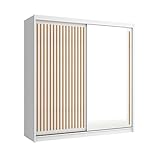 BETTSO -Schwebetürenschrank 203 cm mit Spiegel, Gerillte Fronten Kleiderschrank mit Kleiderstange und Einlegeboden Schlafzimmer- Schiebetüren-Lay 203 Weiß+Wotan Lamelen