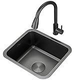 ANSNOW Schwarze Barspüle, Einbauspüle, Kleine Küchenspüle, Unterbauspüle, Schwarzer Ausziehbarer Wasserhahn, Komplettes Zubehör/45 * 40Cm