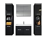 Badezimmer Badmöbel Set Paso XL LED 80 cm Waschbecken Hochglanz Schwarz Fronten - Unterschrank 2x Hochschrank Waschbecken Möbel