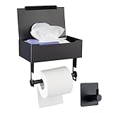 Toilettenpapierhalter Ohne Bohren Schwarz Matt Edelstahl, mit Feuchttücherbox, Klopapierhalter Ohne Bohren Schwarz mit Ablage, Klorollenhalter für WC, Badezimmer, Zusätzlich 1 Handtuchhaken Schwarz