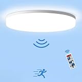 LEOEU LED Deckenleuchte mit Bewegungsmelder, 18W 4000K IP54 Deckenlampe mit Fernbedienung, 1800LM Lampe mit Bewegungsmelder innen, Sensor Leuchte für Bad Flur Balkon Garage Keller Treppen, Ø22x4.8cm