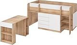 FurnitureByJDM Kompaktes, Modernes Hochbett mit Schreibtisch, Schubladen und Bücherregal – Smile R – (Eiche Sonoma / Weiß), 90 x 200 cm