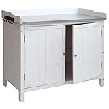 Mendler Gartenschrank mit Arbeitsplatte HWC-L69, Pflanztisch Blumentisch Aufbewahrung, Outdoor Tanne Holz MVG 86x99x56cm, weiß