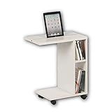 Stella Trading LATINO Moderner Beistelltisch auf Rollen in Weiß - mobiler Couchtisch mit praktischer Tablet Schiene & Regal für Ihren Wohnbereich - 50 x 60 x 30 cm (B/H/T)