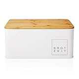 Lumaland Cuisine Brotkasten | Brotdose aus Metall mit Bambus Deckel | Brotbox rechteckig 30,5 x 23,5 x 14 cm | 2in1 Brotbehälter & Schneidebrett [Weiß]